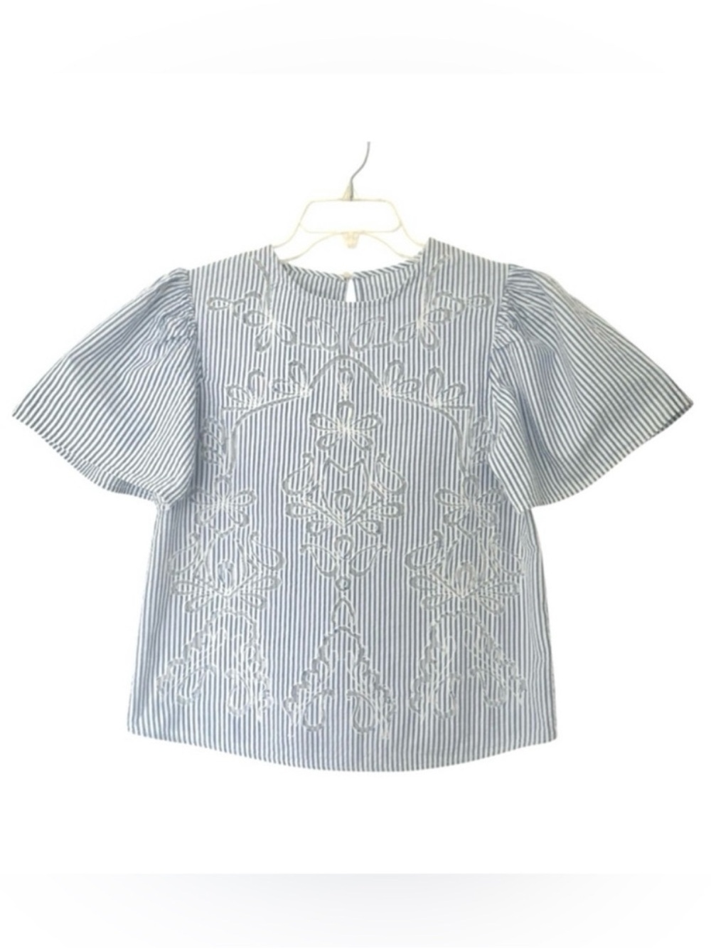 ZARA Striped Blue Blouse With Lace Floral Cutout Detail And Puff Sleeves - Picture 4 of 7